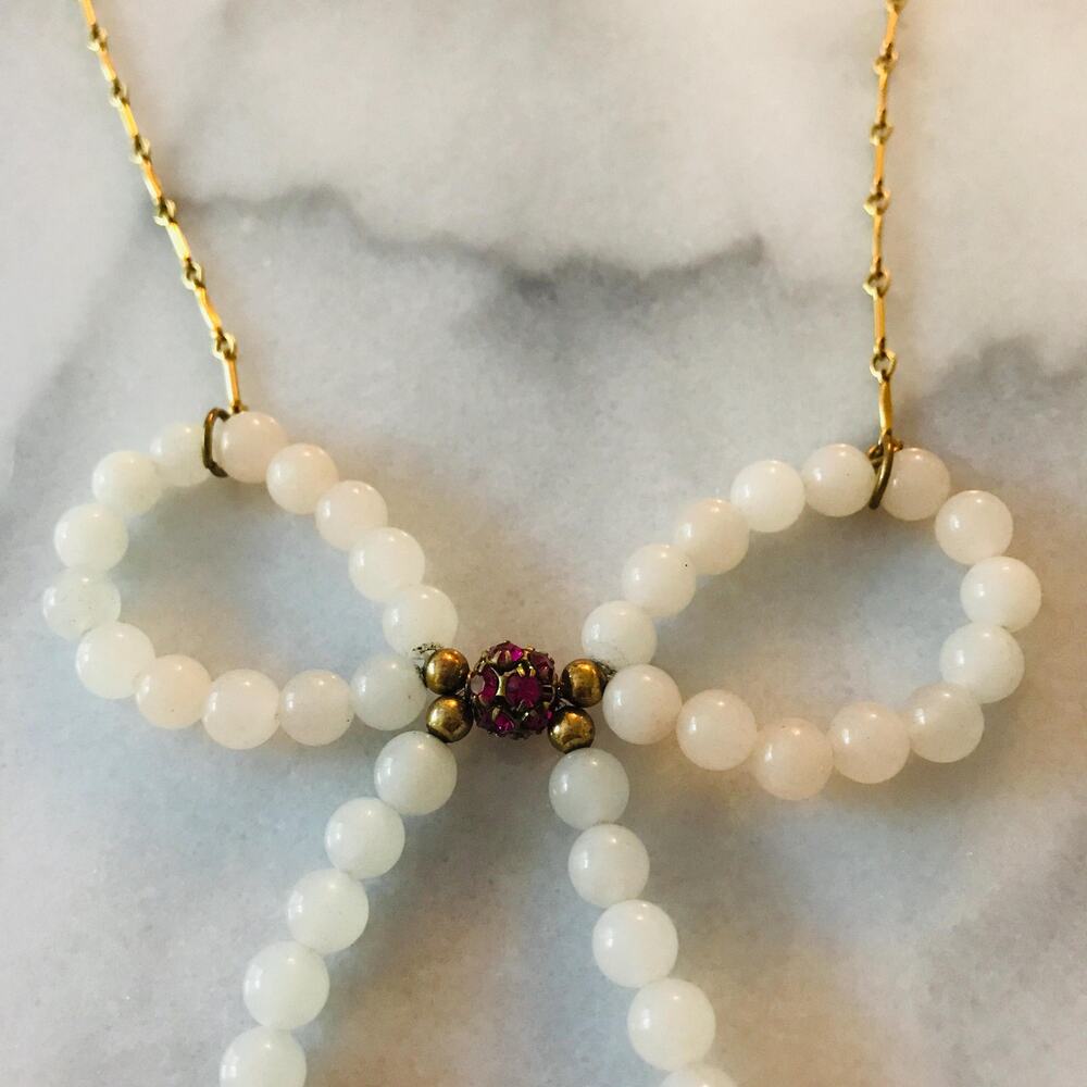 Lenora Dame Beaded Bow Necklace White Beads -Berry Rhinestones - Gold tone Chain